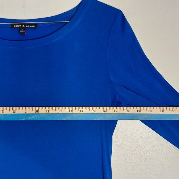 CABLE & GAUGE Top, Womens MEDIUM Blue Scoop Neck Pullover Long Sleeve Stretch - Picture 6 of 9